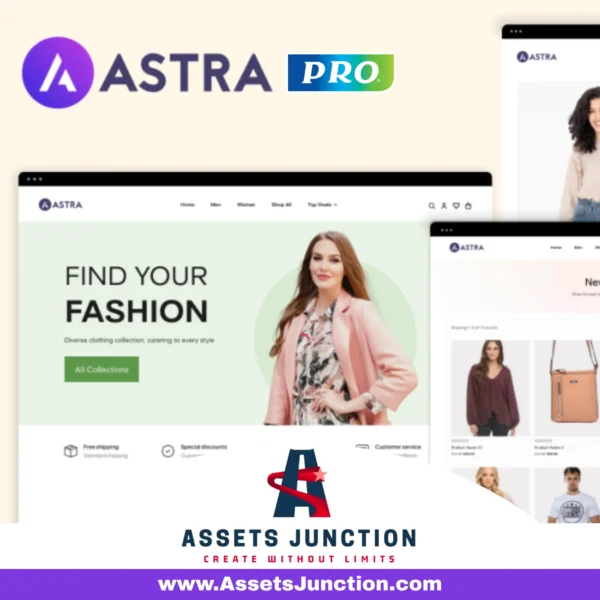 Astra Pro WordPress Theme banner showing fashion website templates and Assets Junction branding.