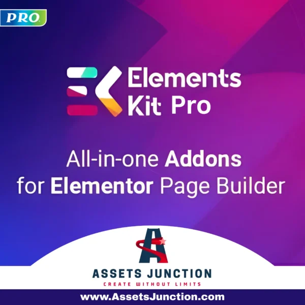 ElementsKit Pro addon banner for Elementor Page Builder with Assets Junction branding.