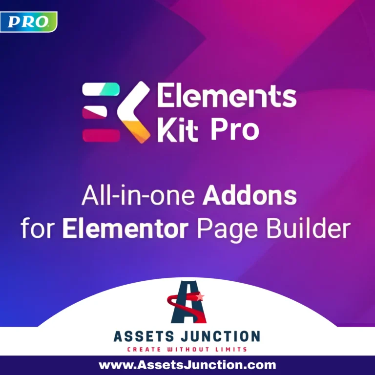 ElementsKit Pro addon banner for Elementor Page Builder with Assets Junction branding.